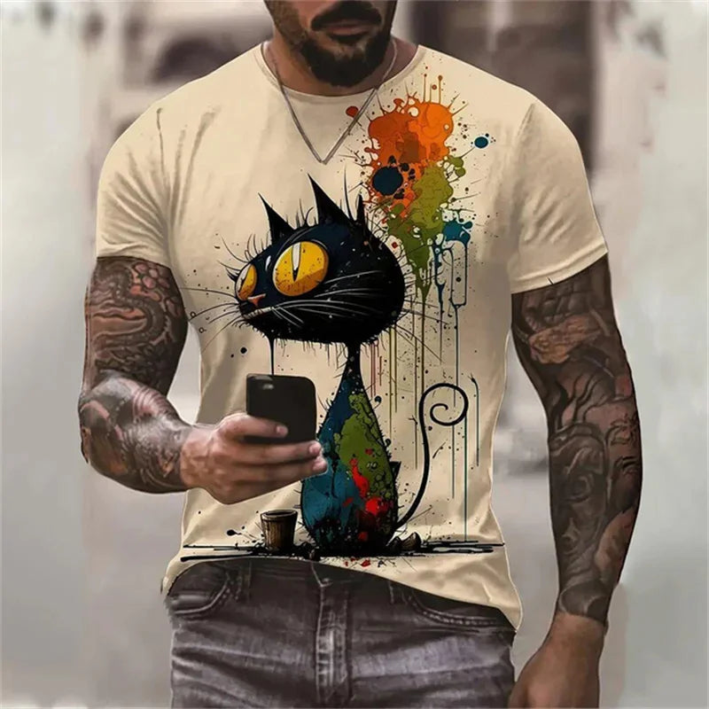 Cute Cat Pattern T-Shirt For Men Animal 3D Printed T Shirts Summer Fashion Casual Street Short Sleeve Tees Loose Crew Neck Tops