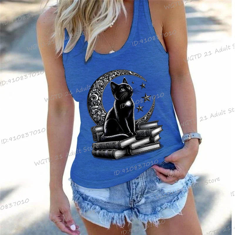 Women's Vintage Cat Books Clothing Summer Casual Loose Reading Club Members Vests Fashion Bookishness Sleeveless Tank Top