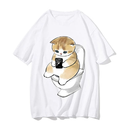 Cute Kitten Cat Play Games Print Avant-garde Fashion Trend Loose Cotton Round Neck Short Sleeve Men's T-shirt Korean Clothing