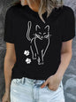 Women's Cat Printed Round Neck Loose T-shirt with Simple Lines Cat Plus Size Comfortable and Casual Black Short Sleeved Top